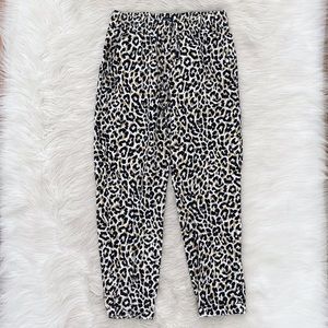 J. Crew Linen Cotton Tan Leopard Cheetah Drawstring Pull On Straight Leg Pants